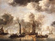 Jan van de Cappelle A Dutch Yacht Firing a Salute as a Barge Pulls Away and Many Small vessels at Anchor oil painting picture wholesale